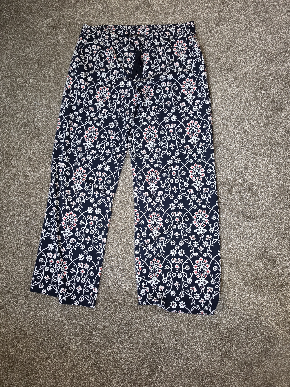 LOFT Navy Floral Wide-Leg Drawstring Pants